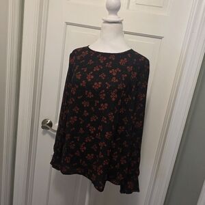 LOFT Black and Red Floral Ruffle Cuff Flowy Long Sleeve Blouse Size Medium
